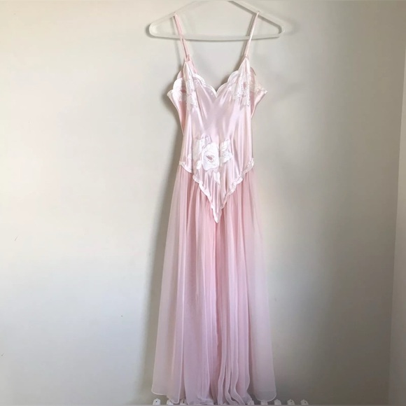 Vintage Victorias Secret Gown Pink Sheer Satin Womens Small Set 2 Pc Set - Picture 2 of 12
